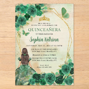 Invitations En Acrylique Emerald Green Floral Princess Quinceañera