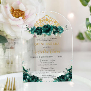 Invitations En Acrylique Emerald Green Floral Quinceanera Princess Crown