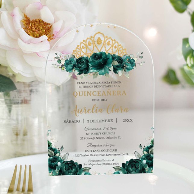 Invitations En Acrylique Emerald Green Floral Quinceanera Princess Crown (Créateur téléchargé)