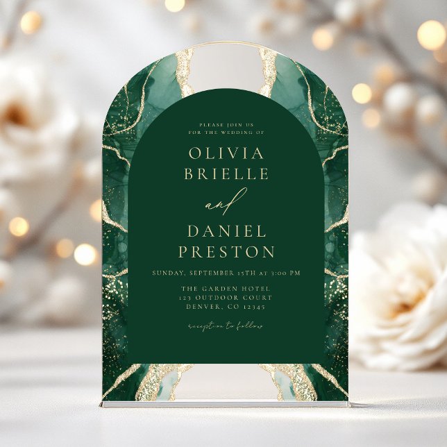 Invitations En Acrylique Emerald Green Gold Agate Mariage Élégant (Créateur téléchargé)