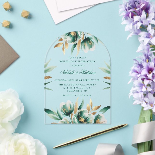 Invitations En Acrylique Emerald Green & Green Floral Wedding Celebration (Insitu (Mariage))