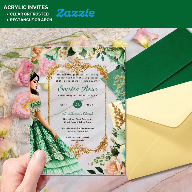 Invitations En Acrylique Emerald Green Quinceanera Robe Fleurs (Créateur téléchargé)