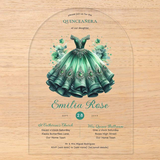 Invitations En Acrylique Emerald Sweet15 QUINCEANERA Robe verte clair (Recto)