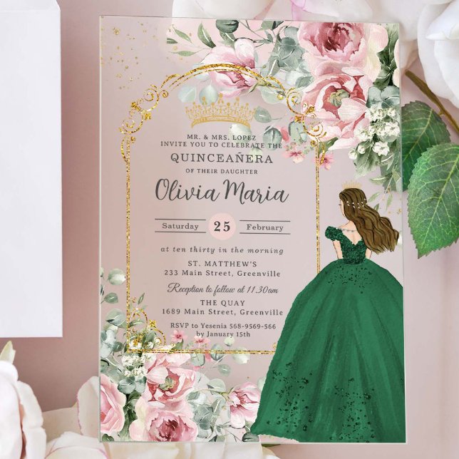 Invitations En Acrylique Émeraude florale rose pâle Quinceañera Sweet 16 (Créateur téléchargé)