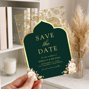 Invitations En Acrylique Émeraude Or Paisley Mariage Indien Save the Date