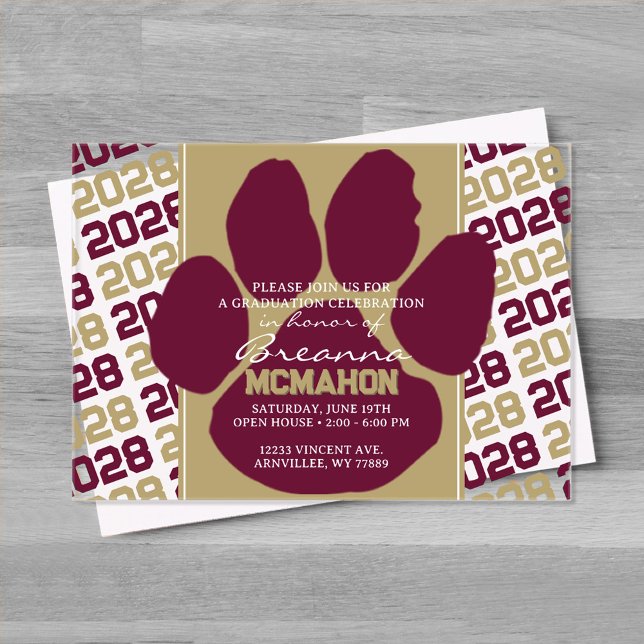 Invitations En Acrylique Empreinte de finition Burgundy & Or Clair (Bronze Gold Green and Burgundy Frosted Acrylic Pawprint Graduation Invitation)