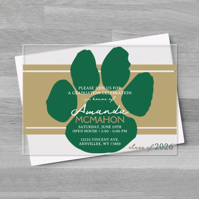 Invitations En Acrylique Empreinte d'or et d'écologisation en bronze unique (Green and Bronze Gold Frosted Acrylic Pawprint Graduation Invitation)