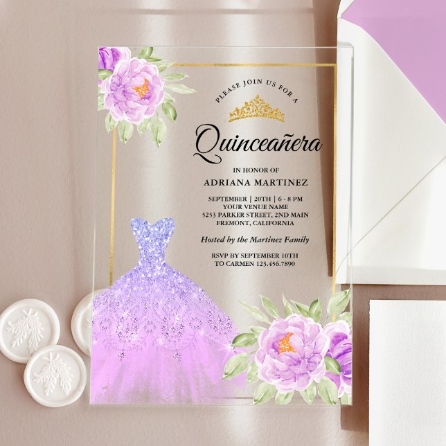 Invitations En Acrylique Éperche Gown Lilac Plaine Florale d'or Quinceanera (Créateur téléchargé)