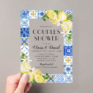 Invitations En Acrylique Eté Positano Carreaux Bleus Citrons Couples Douche