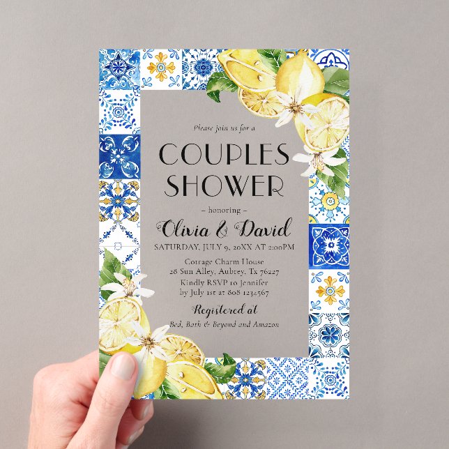 Invitations En Acrylique Eté Positano Carreaux Bleus Citrons Couples Douche (In situ (ordinateur de poche))