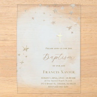 Invitations En Acrylique étoiles beiges sur nuage bleu pastel | Baptême 