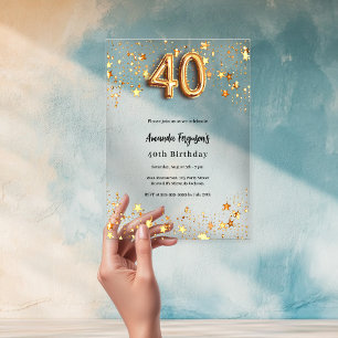 Invitations En Acrylique étoiles dorées 40e anniversaire transparentes