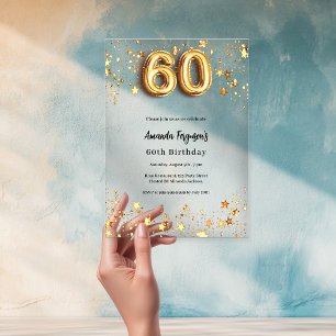 Invitations En Acrylique étoiles dorées 60e anniversaire transparentes