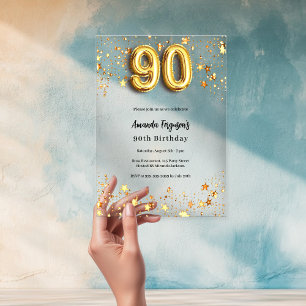 Invitations En Acrylique étoiles dorées 90e anniversaire transparent
