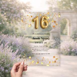 Invitations En Acrylique Étoiles dorées Sweet 16 transparentes