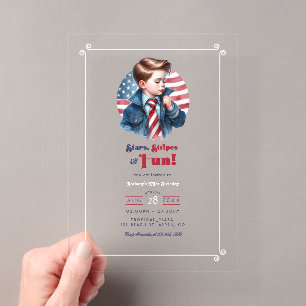 Invitations En Acrylique Étoiles, Rayures et Fête d'anniversaire patriotiqu