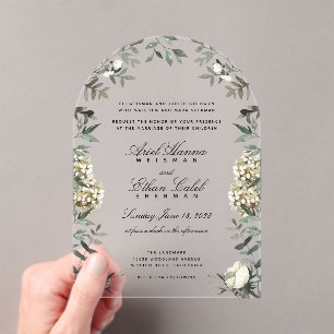 Invitations En Acrylique Eucalyptus Ferns Fleurs blanches Emplacements Surn