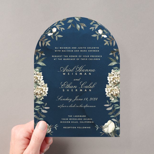 Invitations En Acrylique Eucalyptus Ferns White Flowers Navy Archway (In situ (ordinateur de poche))