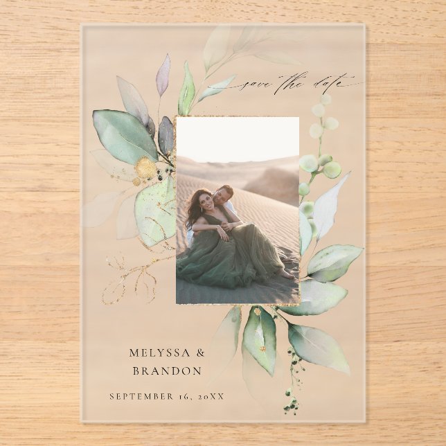 Invitations En Acrylique Eucalyptus Glow Photo verticale Enregistrer la dat (Recto)