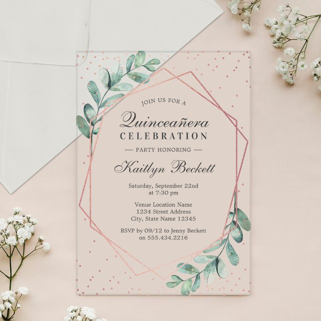 Invitations En Acrylique Eucalyptus Rose Gold Quinceañera 15e anniversaire (Créateur téléchargé)