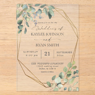 Invitations En Acrylique Eucalyptus rustique & Mariage de trame or