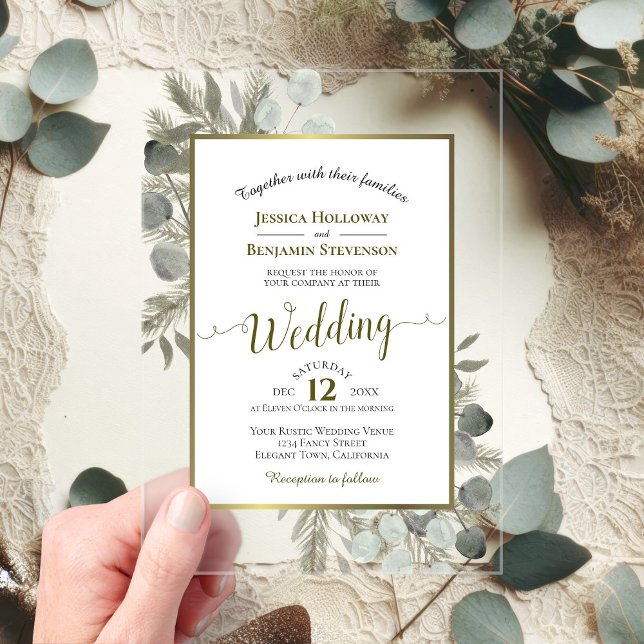 Invitations En Acrylique Eucalyptus rustique & Pine Elegant Mariage Or (Créateur téléchargé)