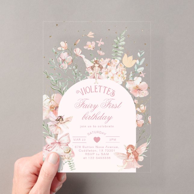 Invitations En Acrylique Fairy First Birthday Enchanted garden Whimsical (In situ (ordinateur de poche))