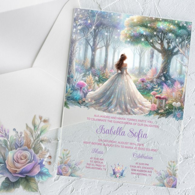 Invitations En Acrylique Fairytale Forest Quinceañera (Enchanted forest acrylic Quinceanera invitation. Beautiful pastel colors. Simply add your details.)