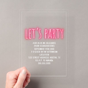 Invitations En Acrylique Faisons la fête Neon Générique Toute occasion