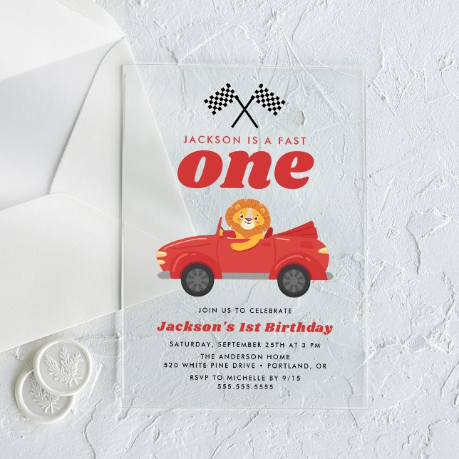 Invitations En Acrylique Fast One Lion Red Race Car Boy 1er Anniversaire (Créateur téléchargé)