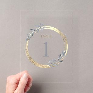 Invitations En Acrylique fausse feuille et bleu poussiéreux Tableau Numéro