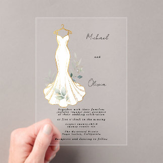 Invitations En Acrylique Faux Gold and Greenery Wedding Dress 