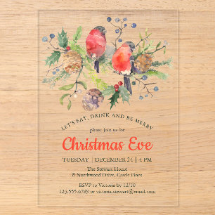 Invitations En Acrylique Festif Noël Eve Aquarelle Bullfinch Floral