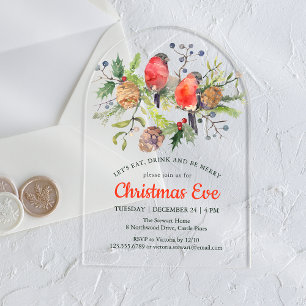 Invitations En Acrylique Festif Noël Eve Aquarelle Bullfinch Floral