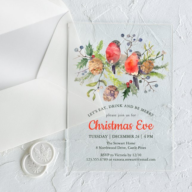 Invitations En Acrylique Festif Noël Eve Aquarelle Bullfinch Floral (Créateur téléchargé)