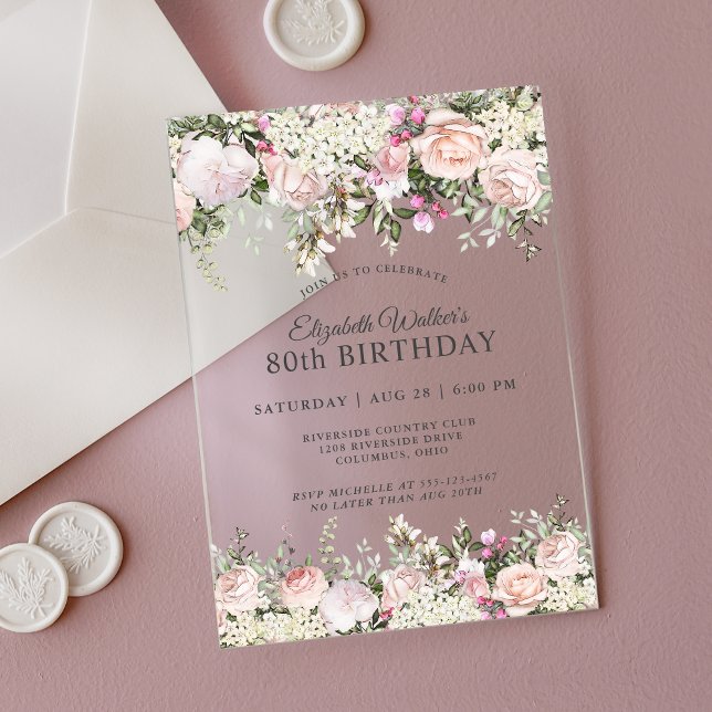 Invitations En Acrylique Fête 80e anniversaire des Roses roses rose féminin (Créateur téléchargé)