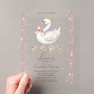 Invitations En Acrylique Fête bébé Cygne Floral Confettis Pailletés Ruban