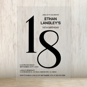 Invitations En Acrylique Fête d'anniversaire 18 ans texte noir gras moderne