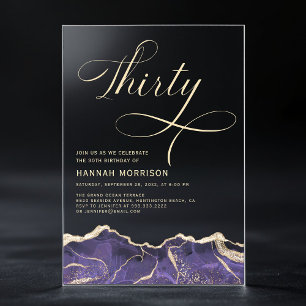 Invitations En Acrylique Fête d'anniversaire 30 ans Agate Or Violet