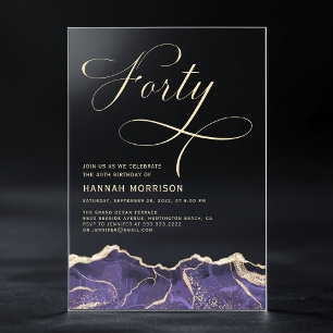 Invitations En Acrylique Fête d'anniversaire 40 ans Agate Or Violet