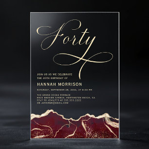 Invitations En Acrylique Fête d'anniversaire 40 ans Burgundy Gold Agate