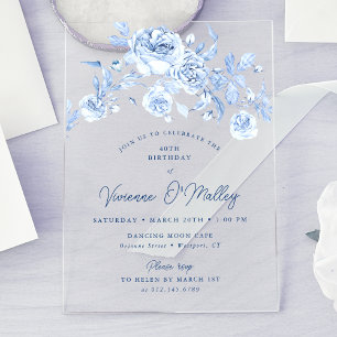 Invitations En Acrylique Fête d'anniversaire 40 ans Dusty Blue Floral