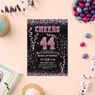Invitations En Acrylique Fête d'anniversaire 44 ans Paillettes roses Strass