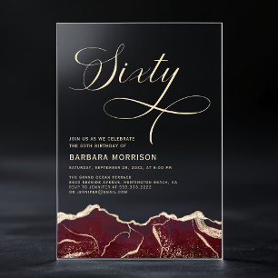 Invitations En Acrylique Fête d'anniversaire 60 ans Burgundy Gold Agate