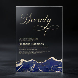 Invitations En Acrylique Fête d'anniversaire 70 ans Bleu Nuit Agate Dorée