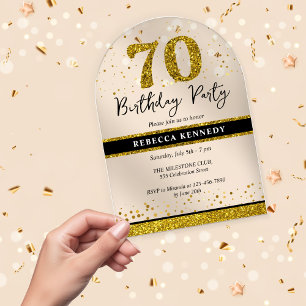 Invitations En Acrylique Fête d'anniversaire 70 ans paillettes noir et or