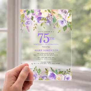 INVITATIONS EN ACRYLIQUE FÊTE D'ANNIVERSAIRE 75 ANS FLEURS VIOLETTES EN ACR