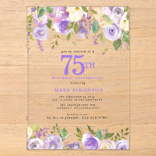 INVITATIONS EN ACRYLIQUE FÊTE D'ANNIVERSAIRE 75 ANS FLEURS VIOLETTES EN ACR