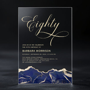 Invitations En Acrylique Fête d'anniversaire 80 ans Navy Blue Gold Agate