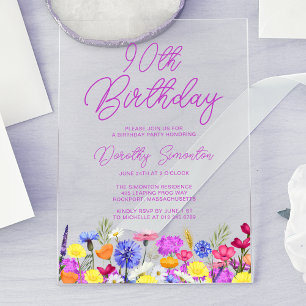 Invitations En Acrylique Fête d'anniversaire 90 ans Fleur sauvage violette